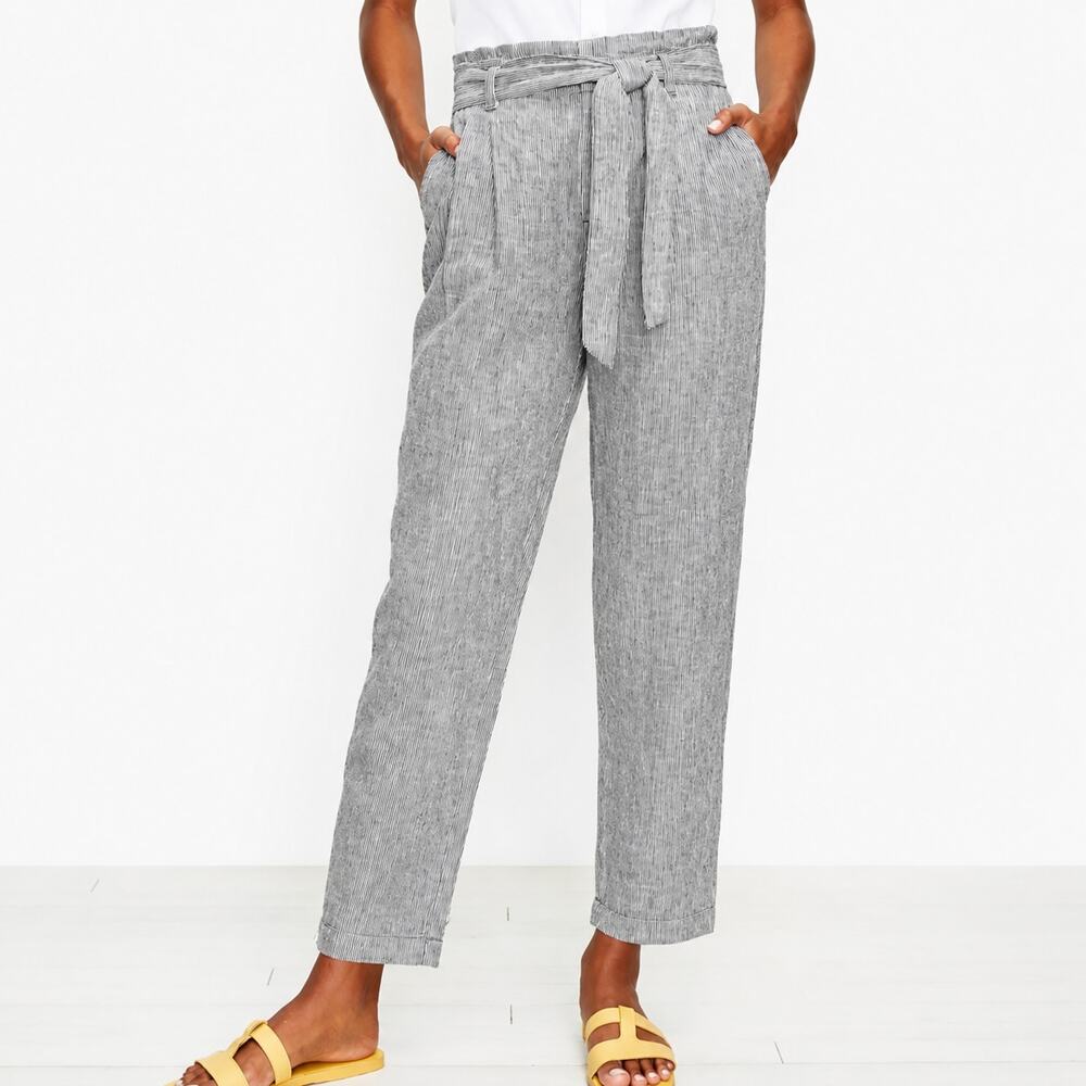 LOFT Linen Blend Gray Stripe Paperbag Ankle Pants Size Small Petite 🖤🤍🖤
